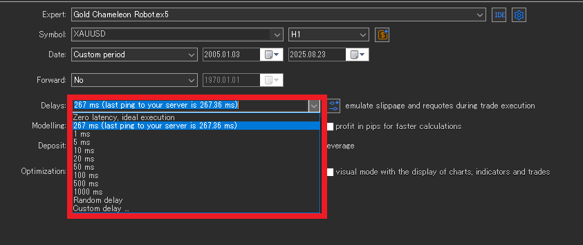MT5 backtest: slippage and delay settings screen