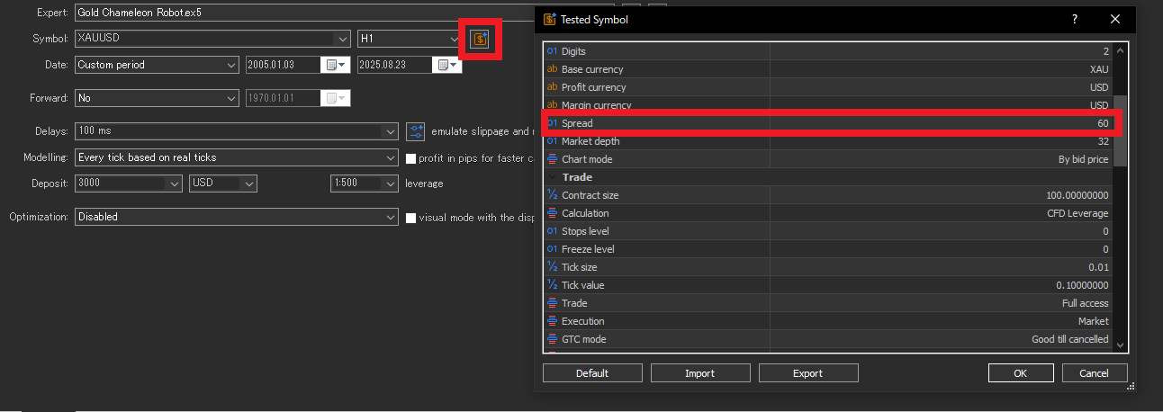 MT5 backtest: manual spread override in Symbol properties