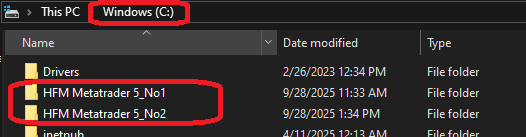 Duplicated MT5 folders under C drive renamed No1 and No2