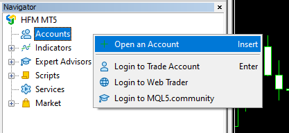 Navigator window open account option in MT5