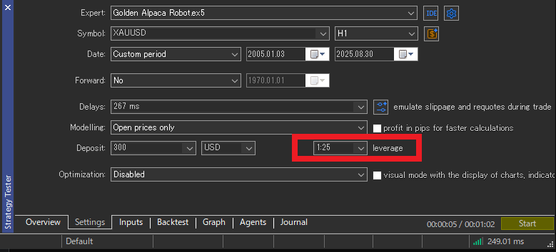 MT5 Strategy Tester leverage settings screen. You can set leverage (e.g., 1:25) as a backtest condition.