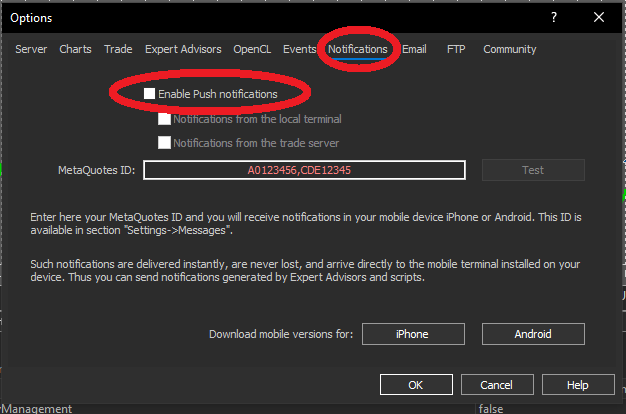 MT5 Notifications settings with Push Notifications disabled
