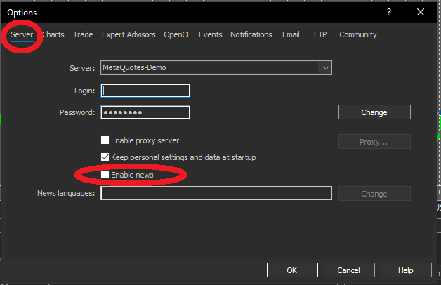 MT5 Server settings with news disabled