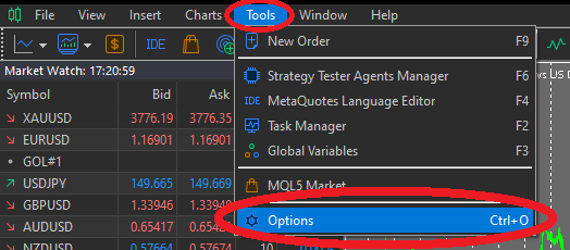 MT5 Tools → Options screen