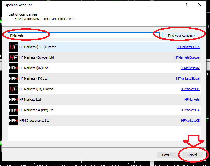 Broker search window in MT5 account opening screen