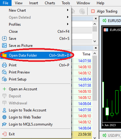 MT5 menu File and Open Data Folder option