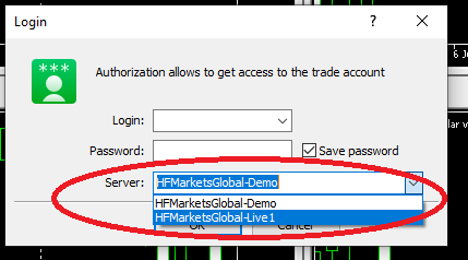MT5 login screen with missing server in dropdown