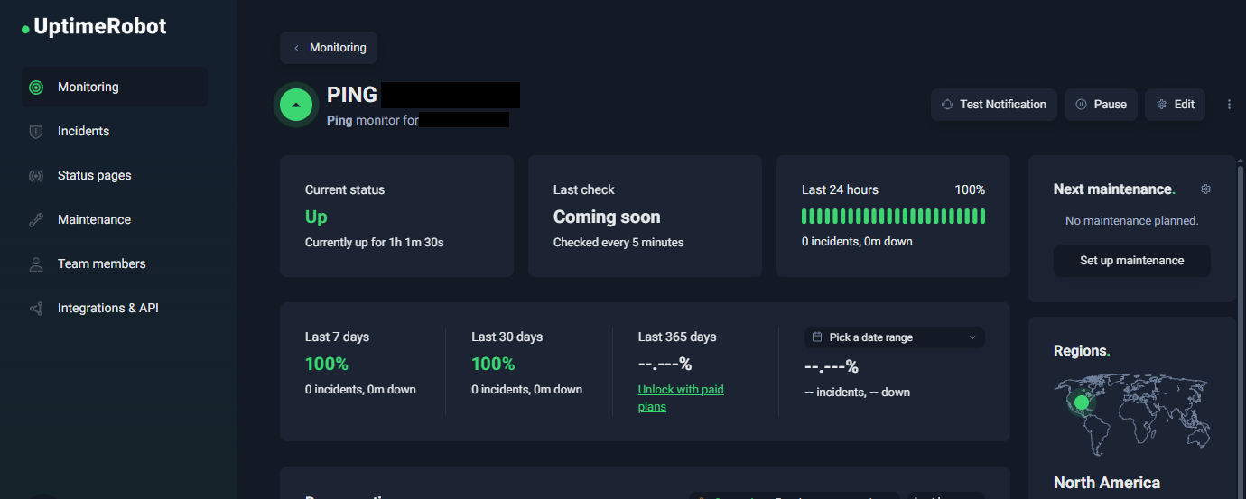 UptimeRobot dashboard showing Ping monitoring for VPS uptime