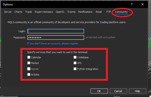 MT5 Community tab where unnecessary services are disabled