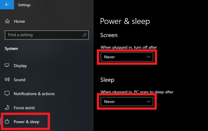 Windows Power & Sleep settings set to Never to prevent EA downtime