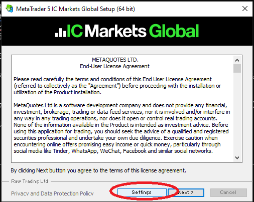 MT5 installer screen with installation directory selection