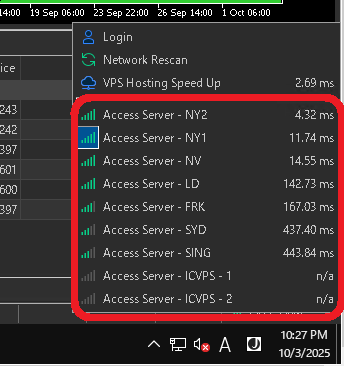 Example of an MT5 server list showing response time (ms) (IC Markets)