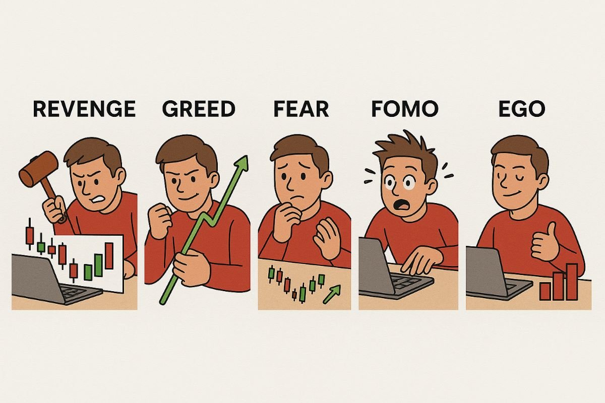 Trading emotions illustration: revenge, greed, fear, FOMO, and overconfidence