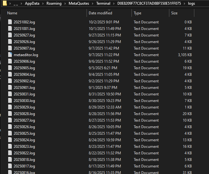 List of .log files inside the MT5 Logs folder—delete older dates.