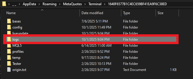 Example: the MT5 Logs folder inside the Data Folder.