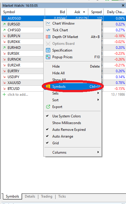 MT5のMarket Watchで右クリックメニューを開いた画面