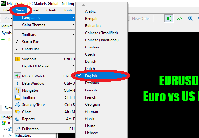 MT5メニューのView→Languagesで言語を変更する画面