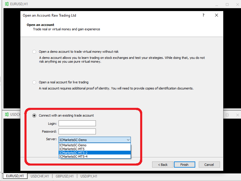 MT5ログイン情報入力画面(口座番号・パスワード・サーバー)