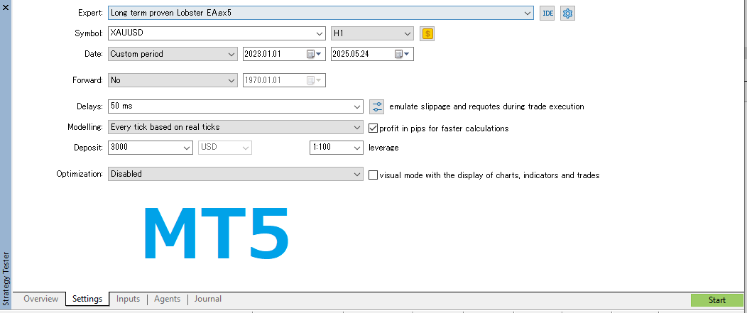 MT5のStrategy Tester(ストラテジーテスター)のバックテスト設定画面