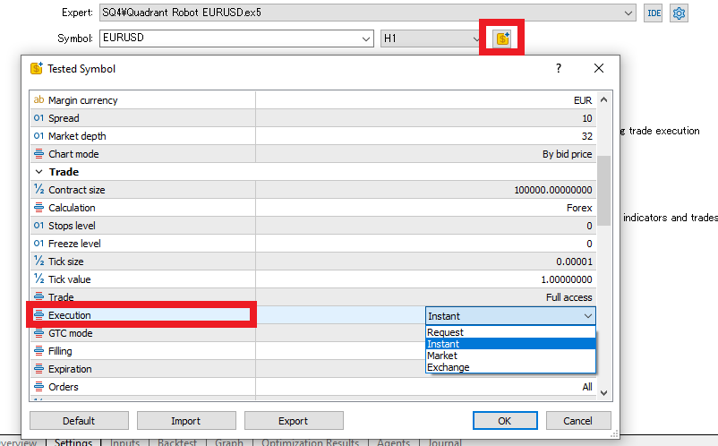 MT5 Strategy Tester symbol settings: Execution dropdown (Request/Instant/Market/Exchange)