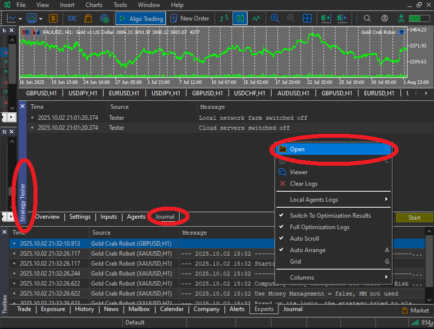 Strategy Tester Journal: right-click and click “Open” to access Tester logs.
