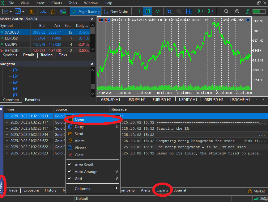 MT5 Experts tab: right-click and click “Open” to open the MQL5 Logs folder.