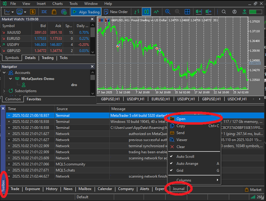 MT5 Journal: right-click and click “Open” to open the Logs folder.