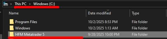 Example MT5 folder installed outside Program Files (C:\MT5)