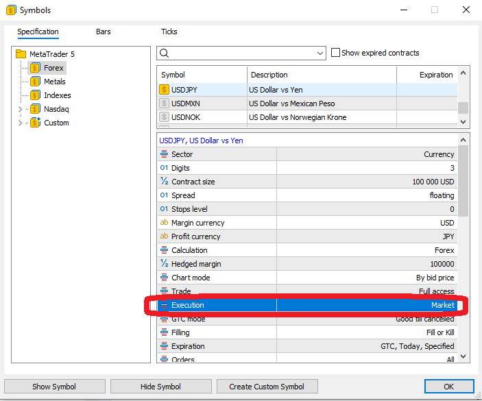 MT5 Market Watch: right-click a symbol → Specification → check Execution mode