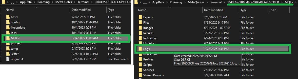 MQL5\\Logs folder (EA/indicator log storage).