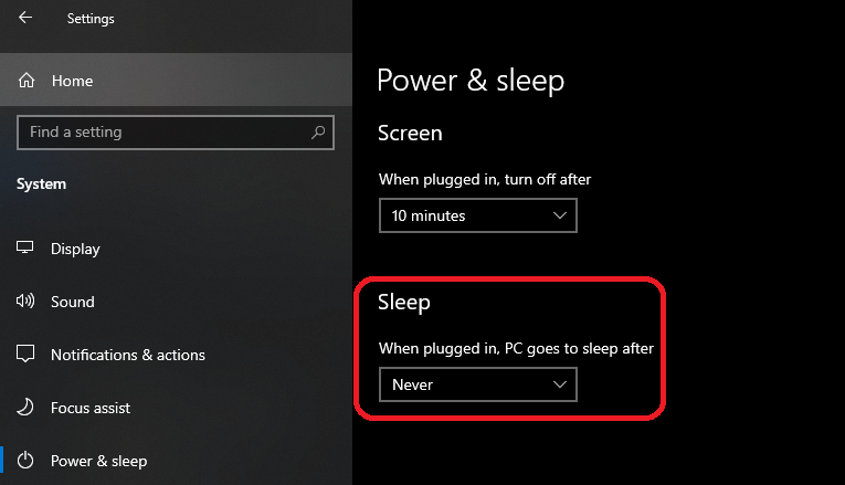 Windows settings example: screen can turn off, but sleep is disabled