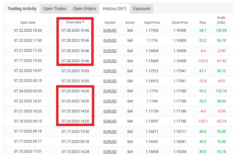 Grid and martingale closing pattern visible in the FX Proctor EURUSD Path1 trade history