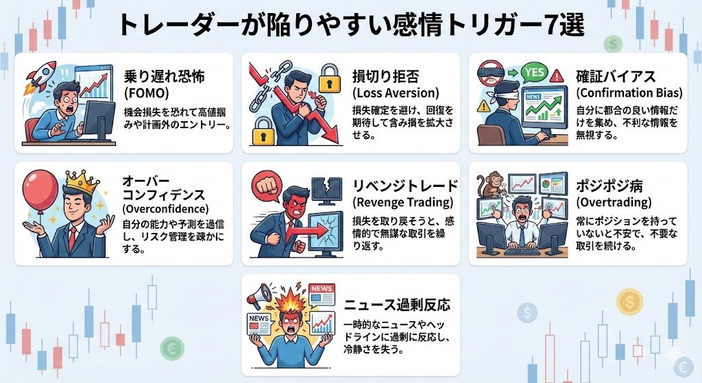 トレーダーが陥りやすい7つの感情トリガーを解説した図解（FOMO、損切り拒否、確証バイアス、オーバーコンフィデンス、リベンジトレード、オーバートレード、ニュース過剰反応）