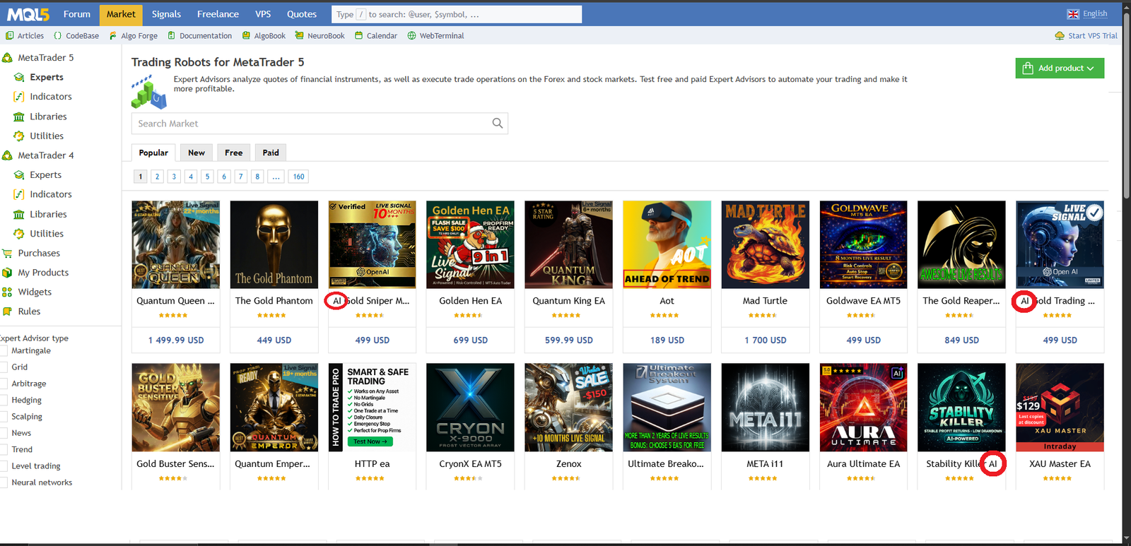 List of EAs in the MQL5 Market—more products now advertise that they use AI