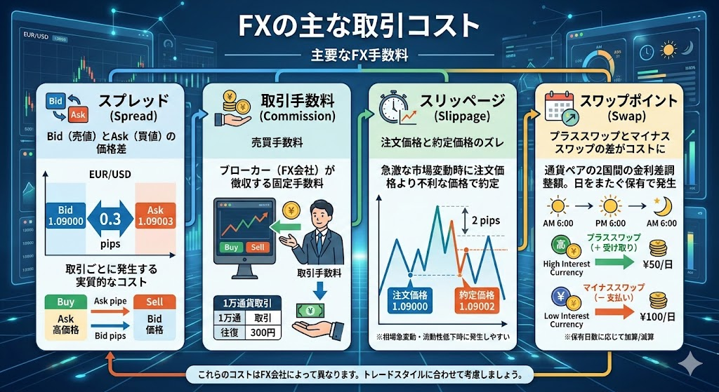 FXの主な取引コスト（スプレッド・手数料・スリッページ・スワップ）の概要図