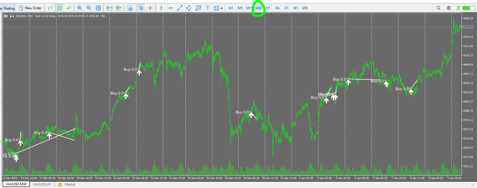 Golden Hen EA forward trade-history chart (overview). White indicates buys and red indicates sells, showing buy-dominant behavior.