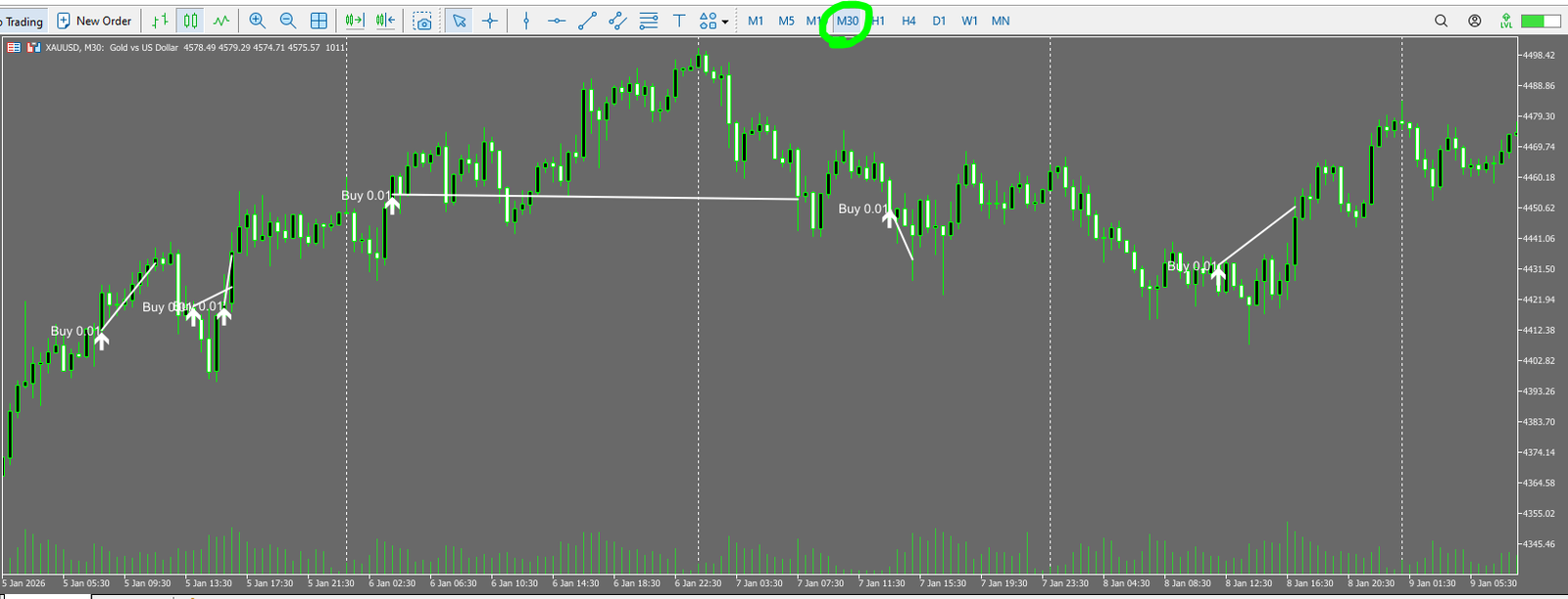 Golden Hen EA forward trade-history chart (zoom). No red (sell) trades are visible, suggesting buy-only entries.