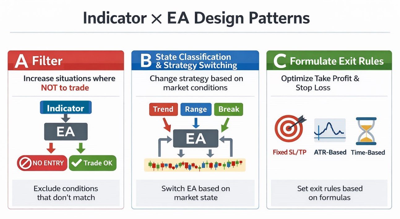 Indicator × EA design patterns: (A) filter, (B) regime-based strategy switching, (C) exit rules (fixed/ATR/time).