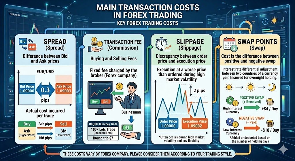 Infographic explaining main forex trading costs: spread, commission, slippage, and swap with examples based on a 100,000-unit standard lot