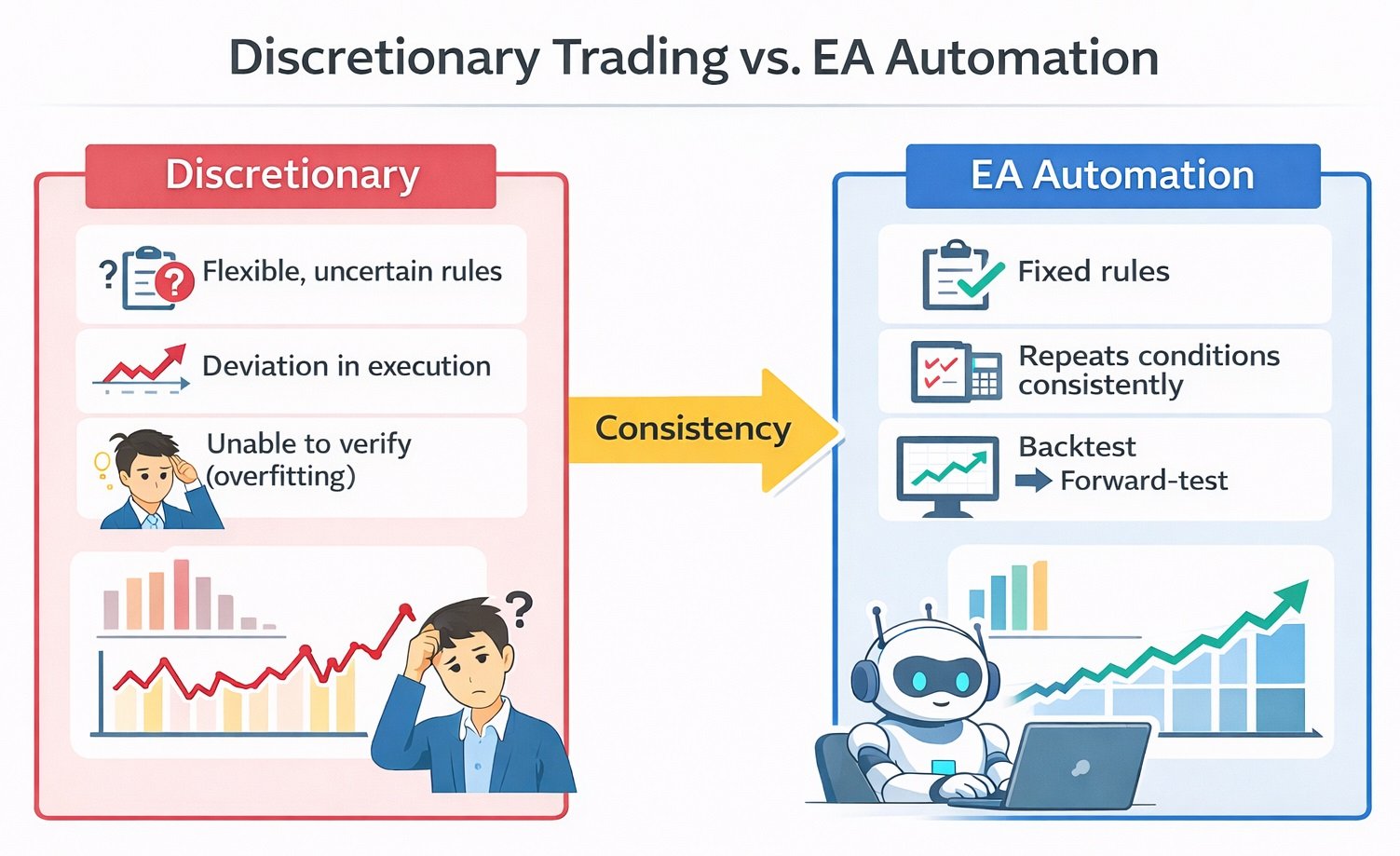 Difference between discretionary trading and EA automation (reproducibility and testability)