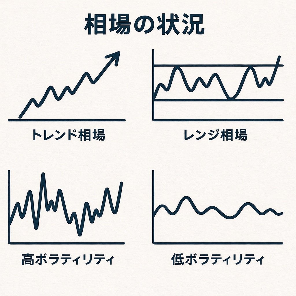 相場の状況（トレンド相場・レンジ相場・高ボラティリティ・低ボラティリティ）を示す図解