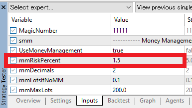 MT5 EA Inputs: example of lowering a risk coefficient (mmRiskPercent)