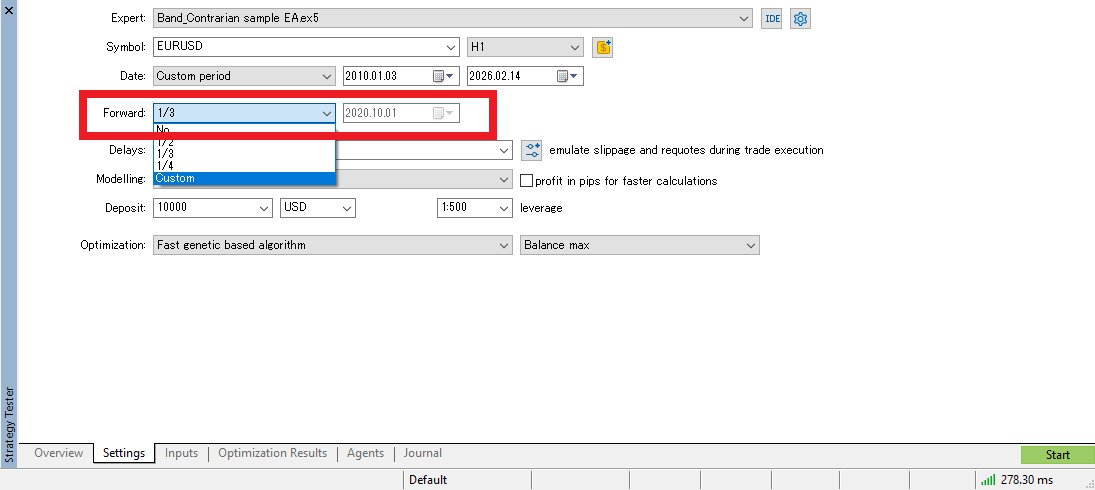 MT5 forward period split setting (e.g., 1/3)