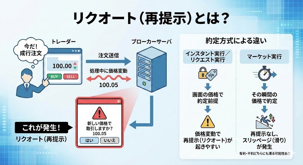 リクオートの発生フローと、インスタント/リクエスト実行・マーケット実行（スリッページ）の違い