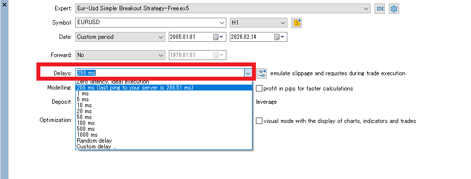 MT5 Strategy Tester Delays setting to simulate slippage via execution latency