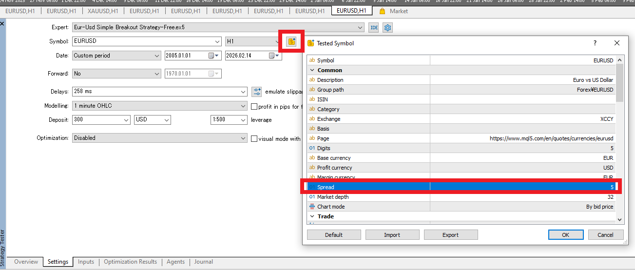 Checking the Spread value for the tested symbol in the MT5 Strategy Tester