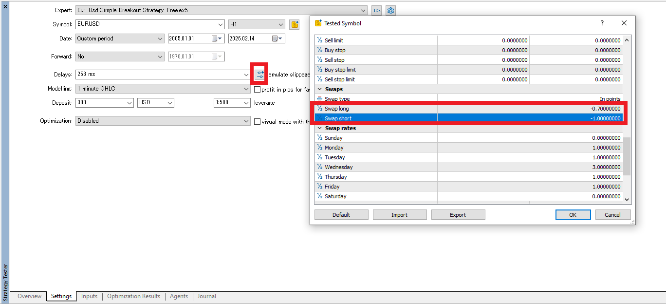 MT5 Strategy Tester Tested Symbol swap settings (Swap long/Swap short and swap rates)