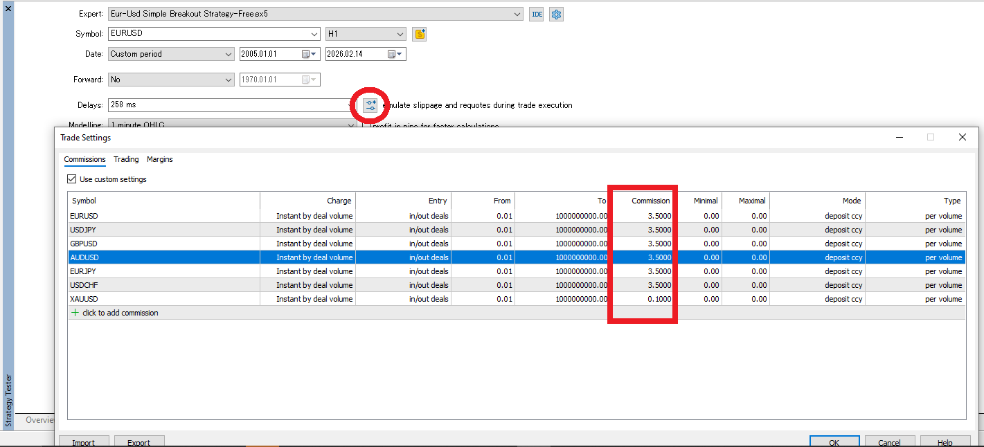 Custom commission settings in MT5 Strategy Tester Trade Settings