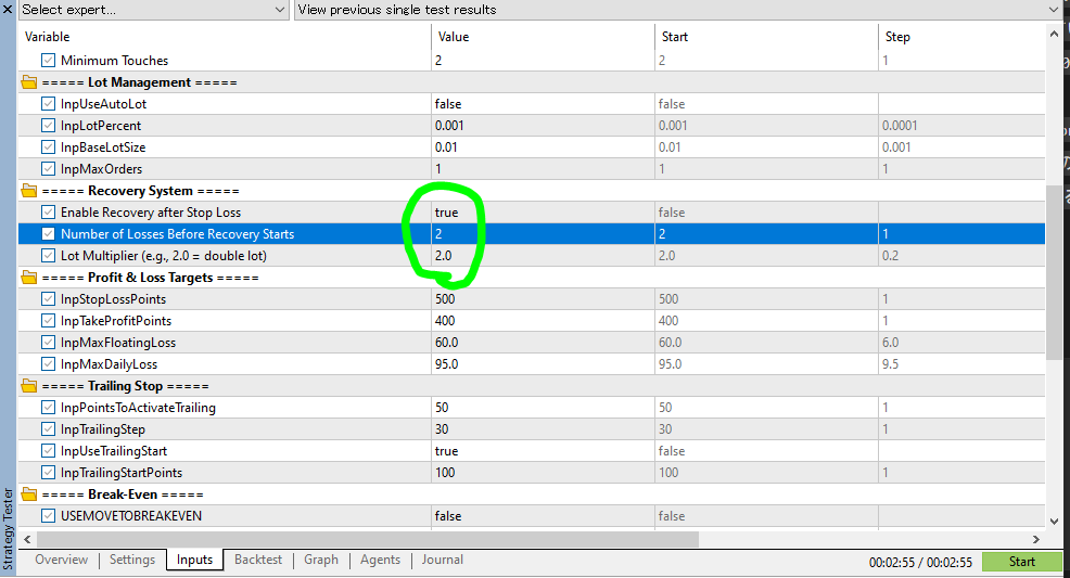 Nova Gold X recovery settings (lot multiplier): parameters that increase lot size after losses
