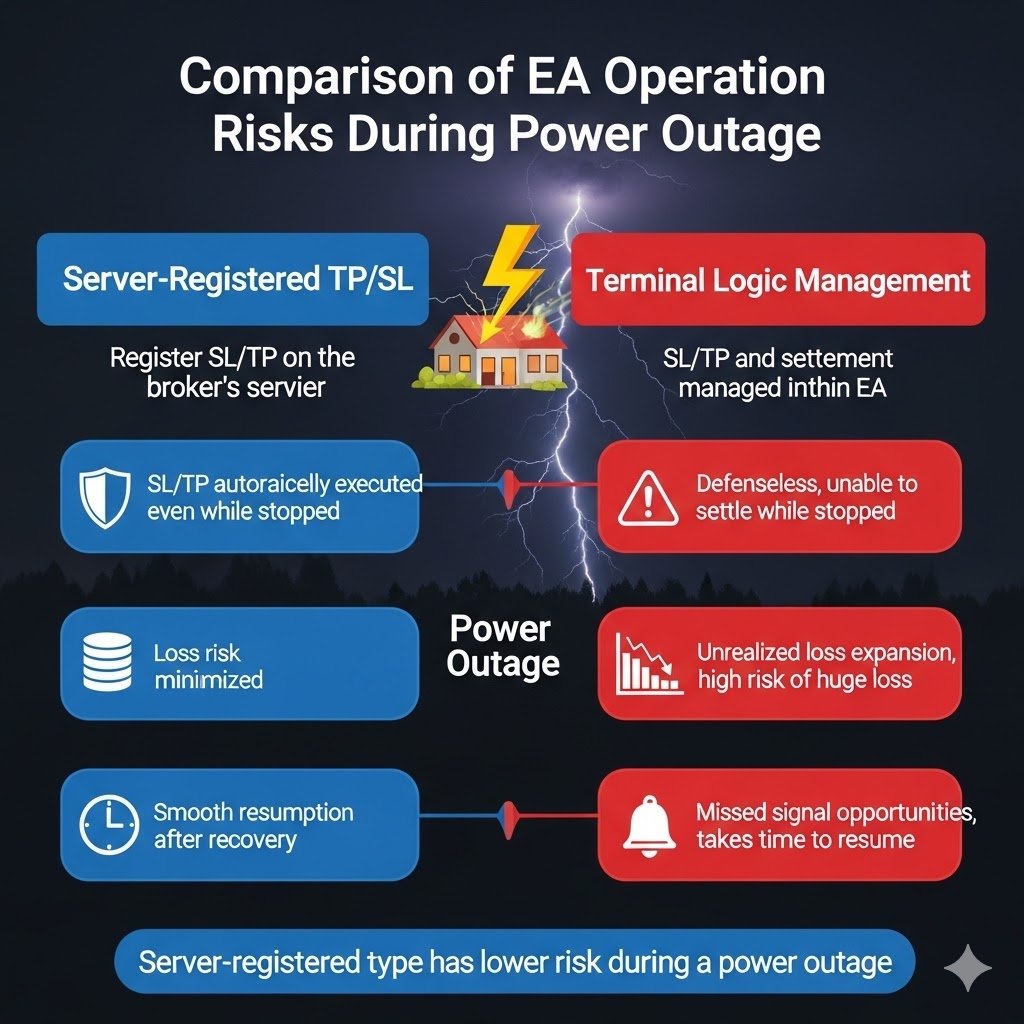 EA trading risk during a power outage: server-registered TP/SL vs terminal-managed exits